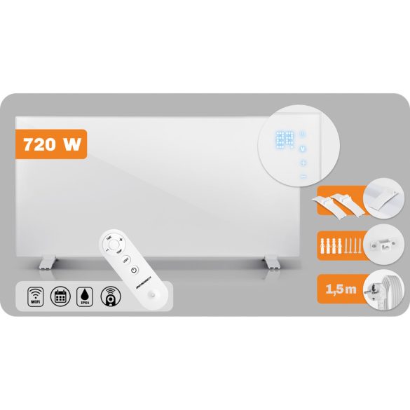 Elektromos fűtőpanel, Berdsen, BD-983, 720 W, 120 x 60 x 1 cm, Wi-Fi (Tuya) alkalmazás, távirányító, érintőpaneles, termosztát, időzítő 1–9 óra, túlmelegedés-védelem