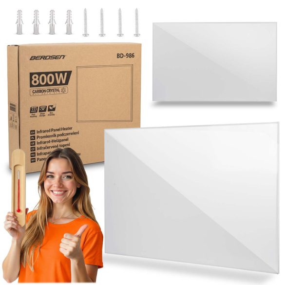 Elektromos fűtőpanel, Berdsen BD-986, fehér, 800 W, 100 x 80 x 1,2 cm, infravörös Carbon Crystal technológia, falra szerelhető