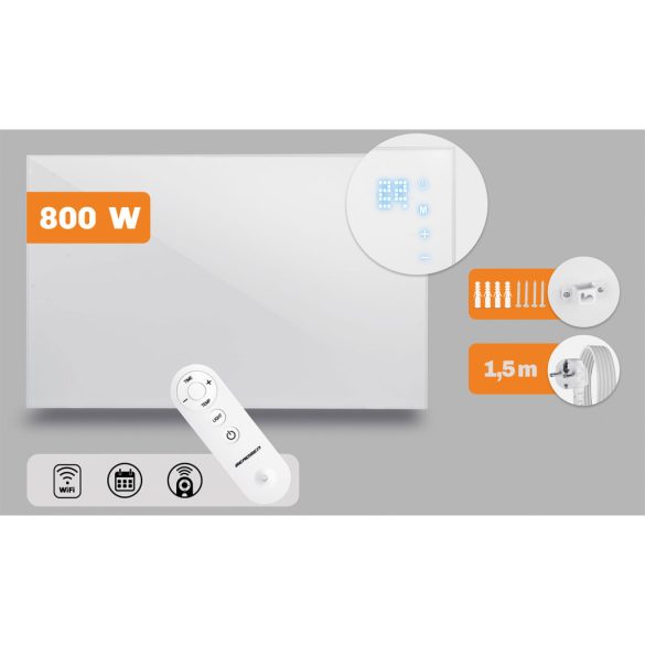 Elektromos fűtőpanel, Berdsen BD-987, fehér, 800 W, 100 x 80 x 1,2 cm, Wi‑Fi (Tuya) és távirányító, érintőpanel, beépített termosztát, időzítő: 1-9 óra