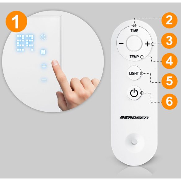 Elektromos fűtőpanel, Berdsen BD-987, fehér, 800 W, 100 x 80 x 1,2 cm, Wi‑Fi (Tuya) és távirányító, érintőpanel, beépített termosztát, időzítő: 1-9 óra