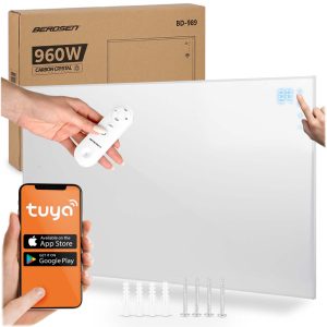 Elektromos fűtőpanel, Berdsen BD-989, fehér, 960 W, 120 x 80 x 1,2 cm, Wi‑Fi (Tuya) és távirányító, érintőpanel, beépített termosztát, időzítő: 1-9 óra