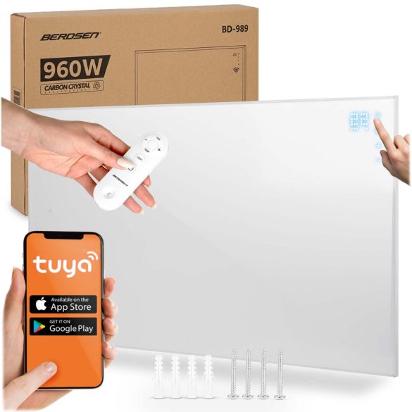 Elektromos fűtőpanel, Berdsen BD-989, fehér, 960 W, 120 x 80 x 1,2 cm, Wi‑Fi (Tuya) és távirányító, érintőpanel, beépített termosztát, időzítő: 1-9 óra