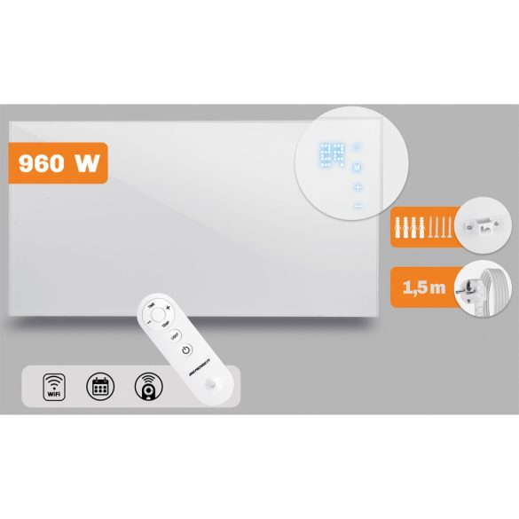 Elektromos fűtőpanel, Berdsen BD-989, fehér, 960 W, 120 x 80 x 1,2 cm, Wi‑Fi (Tuya) és távirányító, érintőpanel, beépített termosztát, időzítő: 1-9 óra