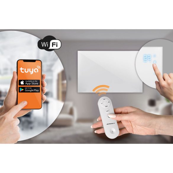 Elektromos fűtőpanel, Berdsen BD-989, fehér, 960 W, 120 x 80 x 1,2 cm, Wi‑Fi (Tuya) és távirányító, érintőpanel, beépített termosztát, időzítő: 1-9 óra