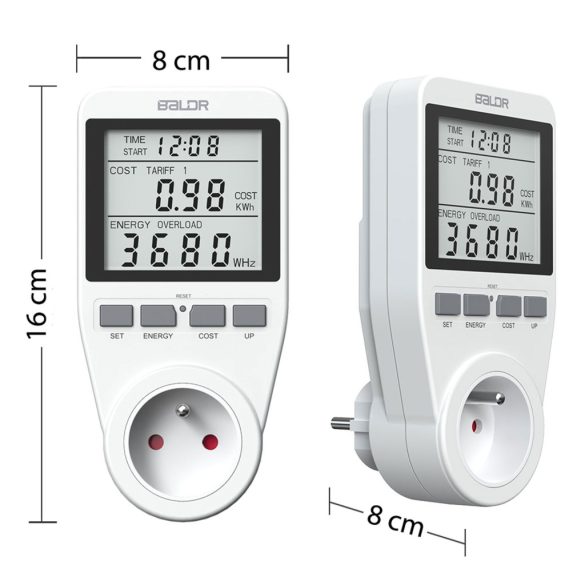 Baldr BD-990 egyfázisú fogyasztásmérő, fehér, LCD kijelző, valós idejű fogyasztásmérés, feszültség- és áramkijelzés, energiatakarékos működés