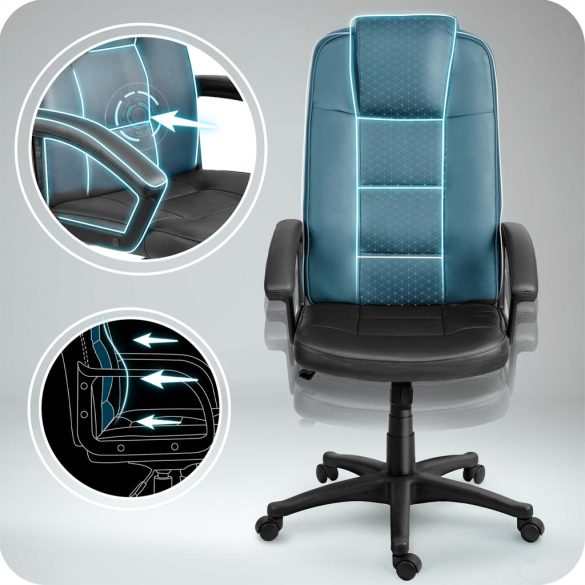 Irodai szék, Sofotel, fekete, 115-125 cm, állítható, gázliftes magasságállítás, gumírozott kerekek, fejtámlás, 120 kg teherbírás