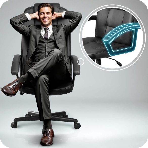 Irodai szék, Sofotel, fekete, 115-125 cm, állítható, gázliftes magasságállítás, gumírozott kerekek, fejtámlás, 120 kg teherbírás