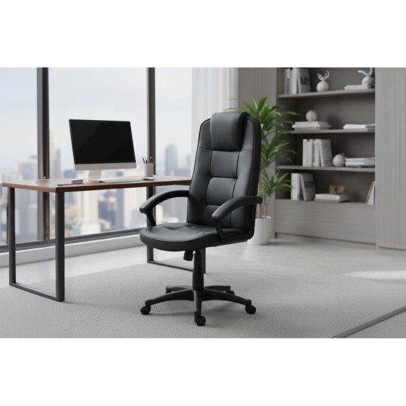 Irodai szék, Sofotel, fekete, 115-125 cm, állítható, gázliftes magasságállítás, gumírozott kerekek, fejtámlás, 120 kg teherbírás