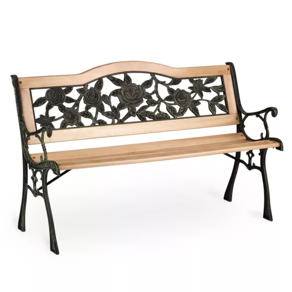 Kerti pad, Sofotel Gardi Rose, rózsa mintás, 123,5 x 74 x 48 cm, park stílusú, háttámlával, lakkozott fa, öntöttvas váz, 2 személyes