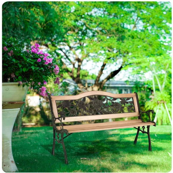 Kerti pad, Sofotel Gardi Rose, rózsa mintás, 123,5 x 74 x 48 cm, park stílusú, háttámlával, lakkozott fa, öntöttvas váz, 2 személyes
