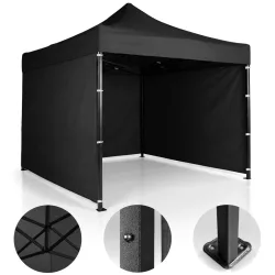   Kerti pavilon, Plonos, fekete, 3 x 3 m, 3 oldalfallal, hordtáskával, fém vázzal, UV-álló és esőálló PE ponyva, 3 m állítható magassággal