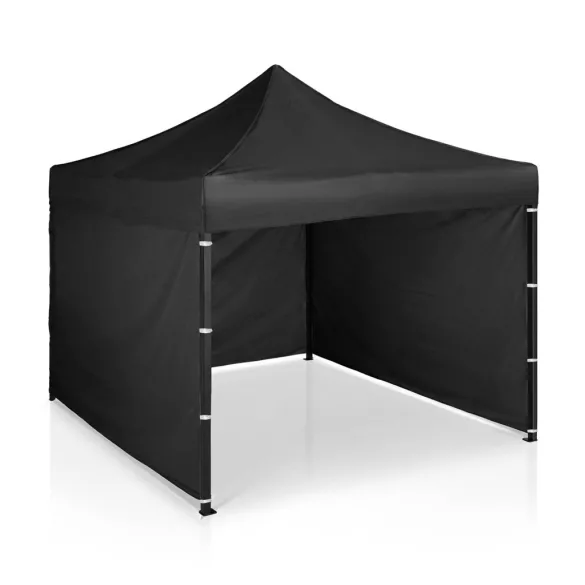 Kerti pavilon, Plonos, fekete, 3 x 3 m, 3 oldalfallal, hordtáskával, fém vázzal, UV-álló és esőálló PE ponyva, 3 m állítható magassággal