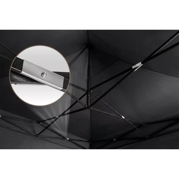 Kerti pavilon, Plonos, fekete, 3 x 3 m, 3 oldalfallal, hordtáskával, fém vázzal, UV-álló és esőálló PE ponyva, 3 m állítható magassággal