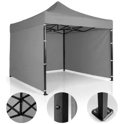   Kerti pavilon, Plonos, szürke, 3 x 3 m, 3 oldalfallal, hordtáskával, fém vázzal, UV-álló és esőálló PE ponyva, 3 m állítható magassággal