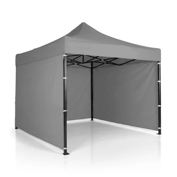 Kerti pavilon, Plonos, szürke, 3 x 3 m, 3 oldalfallal, hordtáskával, fém vázzal, UV-álló és esőálló PE ponyva, 3 m állítható magassággal