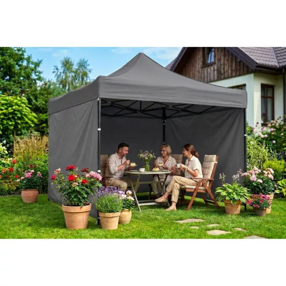 Kerti pavilon, Plonos, szürke, 3 x 3 m, 3 oldalfallal, hordtáskával, fém vázzal, UV-álló és esőálló PE ponyva, 3 m állítható magassággal
