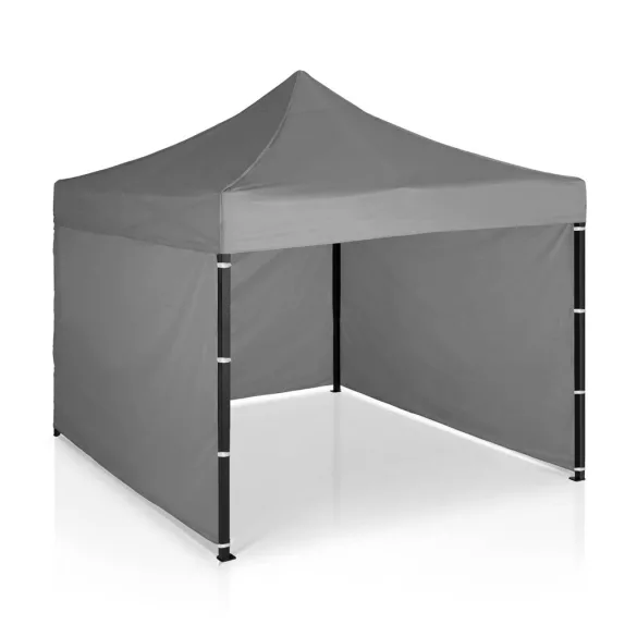 Kerti pavilon, Plonos, szürke, 3 x 3 m, 3 oldalfallal, hordtáskával, fém vázzal, UV-álló és esőálló PE ponyva, 3 m állítható magassággal