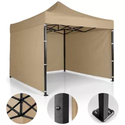   Kerti pavilon, Plonos, bézs, 3 x 3 m, 3 oldalfallal, hordtáskával, fém vázzal, UV-álló és esőálló PE ponyva, 3 m állítható magassággal