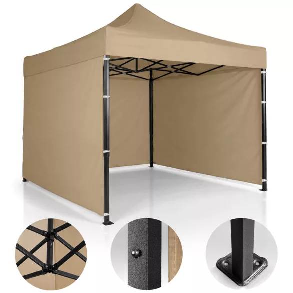 Kerti pavilon, Plonos, bézs, 3 x 3 m, 3 oldalfallal, hordtáskával, fém vázzal, UV-álló és esőálló PE ponyva, 3 m állítható magassággal