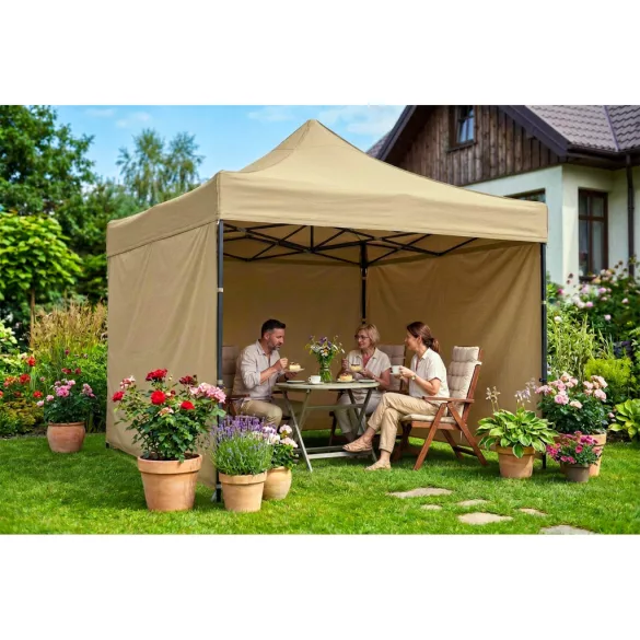 Kerti pavilon, Plonos, bézs, 3 x 3 m, 3 oldalfallal, hordtáskával, fém vázzal, UV-álló és esőálló PE ponyva, 3 m állítható magassággal