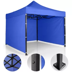 Kerti pavilon, Plonos, kék, 3 x 3 m, 3 oldalfallal, hordtáskával, fém vázzal, UV-álló és esőálló PE ponyva, 3 m állítható magassággal