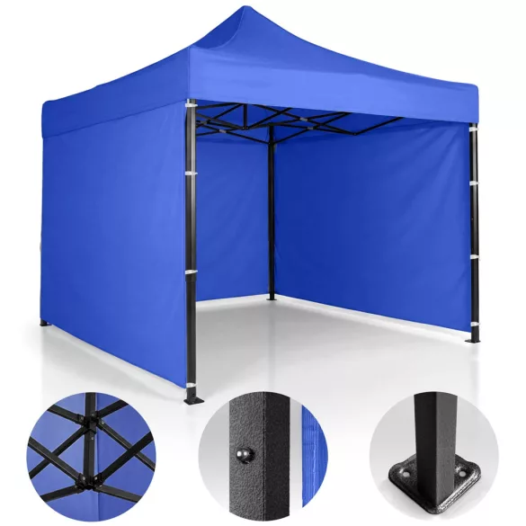 Kerti pavilon, Plonos, kék, 3 x 3 m, 3 oldalfallal, hordtáskával, fém vázzal, UV-álló és esőálló PE ponyva, 3 m állítható magassággal