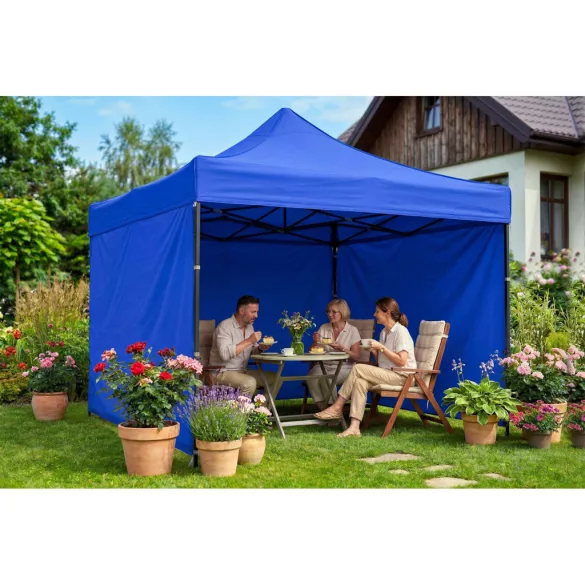 Kerti pavilon, Plonos, kék, 3 x 3 m, 3 oldalfallal, hordtáskával, fém vázzal, UV-álló és esőálló PE ponyva, 3 m állítható magassággal