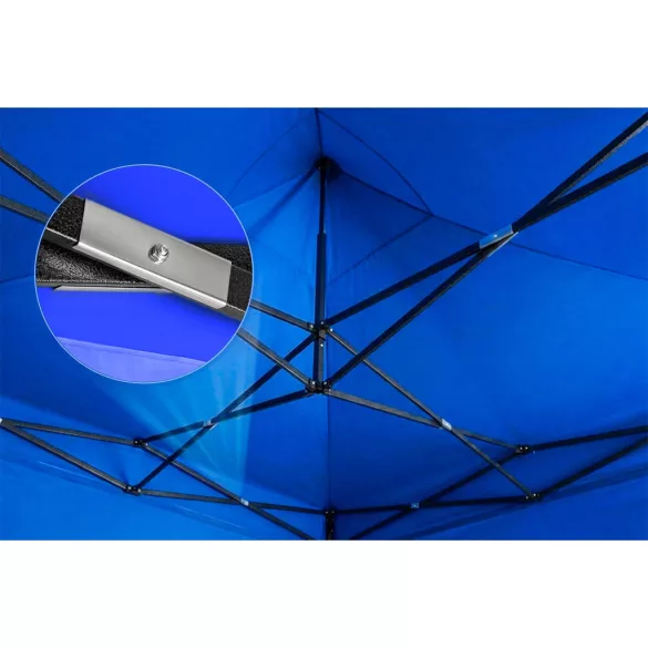 Kerti pavilon, Plonos, kék, 3 x 3 m, 3 oldalfallal, hordtáskával, fém vázzal, UV-álló és esőálló PE ponyva, 3 m állítható magassággal