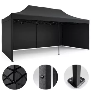 Kerti pavilon, Plonos, fekete, 3 x 6 m, 3 oldalfallal, hordtáskával, fém vázzal, UV-álló és esőálló PE ponyva, 3 m állítható magassággal