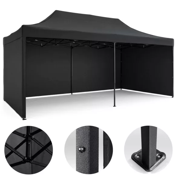 Kerti pavilon, Plonos, fekete, 3 x 6 m, 3 oldalfallal, hordtáskával, fém vázzal, UV-álló és esőálló PE ponyva, 3 m állítható magassággal
