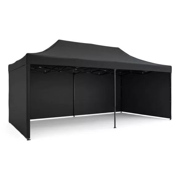 Kerti pavilon, Plonos, fekete, 3 x 6 m, 3 oldalfallal, hordtáskával, fém vázzal, UV-álló és esőálló PE ponyva, 3 m állítható magassággal