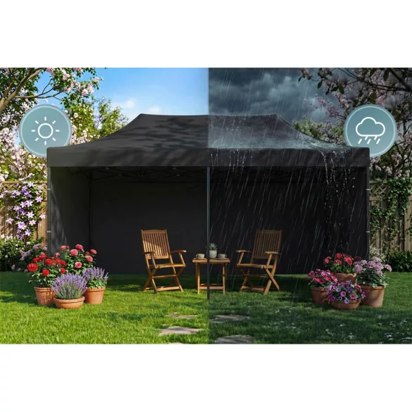 Kerti pavilon, Plonos, fekete, 3 x 6 m, 3 oldalfallal, hordtáskával, fém vázzal, UV-álló és esőálló PE ponyva, 3 m állítható magassággal