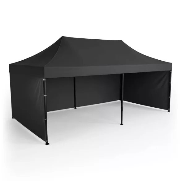Kerti pavilon, Plonos, fekete, 3 x 6 m, 3 oldalfallal, hordtáskával, fém vázzal, UV-álló és esőálló PE ponyva, 3 m állítható magassággal