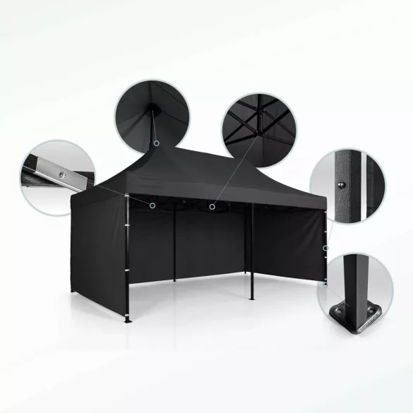 Kerti pavilon, Plonos, fekete, 3 x 6 m, 3 oldalfallal, hordtáskával, fém vázzal, UV-álló és esőálló PE ponyva, 3 m állítható magassággal