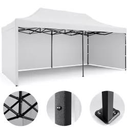   Kerti pavilon, Plonos, fehér, 3 x 6 m, 3 oldalfallal, hordtáskával, fém vázzal, UV-álló és esőálló PE ponyva, 3 m állítható magassággal