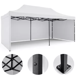 Kerti pavilon, Plonos, fehér, 3 x 6 m, 3 oldalfallal, hordtáskával, fém vázzal, UV-álló és esőálló PE ponyva, 3 m állítható magassággal