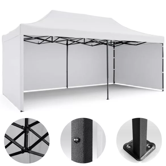 Kerti pavilon, Plonos, fehér, 3 x 6 m, 3 oldalfallal, hordtáskával, fém vázzal, UV-álló és esőálló PE ponyva, 3 m állítható magassággal