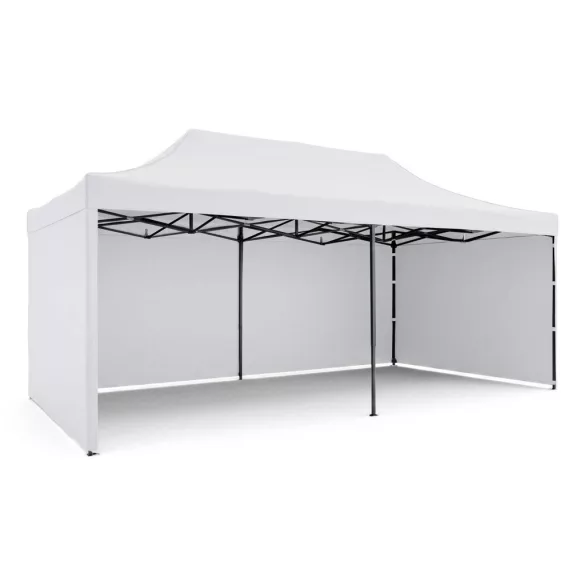 Kerti pavilon, Plonos, fehér, 3 x 6 m, 3 oldalfallal, hordtáskával, fém vázzal, UV-álló és esőálló PE ponyva, 3 m állítható magassággal