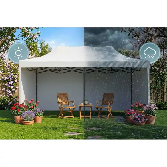 Kerti pavilon, Plonos, fehér, 3 x 6 m, 3 oldalfallal, hordtáskával, fém vázzal, UV-álló és esőálló PE ponyva, 3 m állítható magassággal