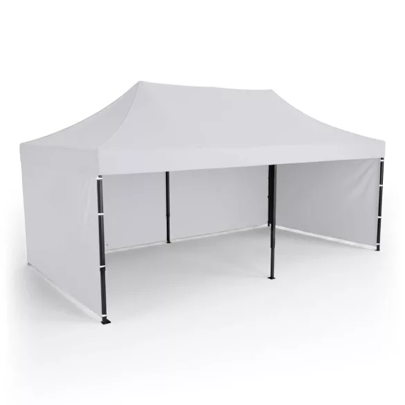 Kerti pavilon, Plonos, fehér, 3 x 6 m, 3 oldalfallal, hordtáskával, fém vázzal, UV-álló és esőálló PE ponyva, 3 m állítható magassággal