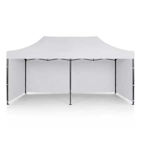Kerti pavilon, Plonos, fehér, 3 x 6 m, 3 oldalfallal, hordtáskával, fém vázzal, UV-álló és esőálló PE ponyva, 3 m állítható magassággal