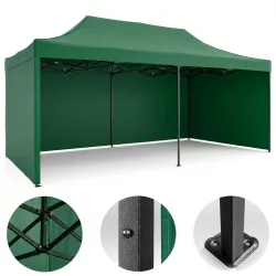   Kerti pavilon, Plonos, zöld, 3 x 6 m, 3 oldalfallal, hordtáskával, fém vázzal, UV-álló és esőálló PE ponyva, 3 m állítható magassággal