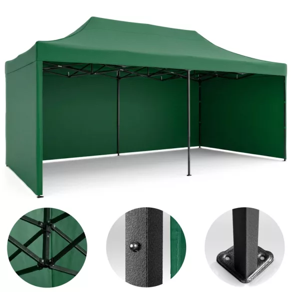 Kerti pavilon, Plonos, zöld, 3 x 6 m, 3 oldalfallal, hordtáskával, fém vázzal, UV-álló és esőálló PE ponyva, 3 m állítható magassággal