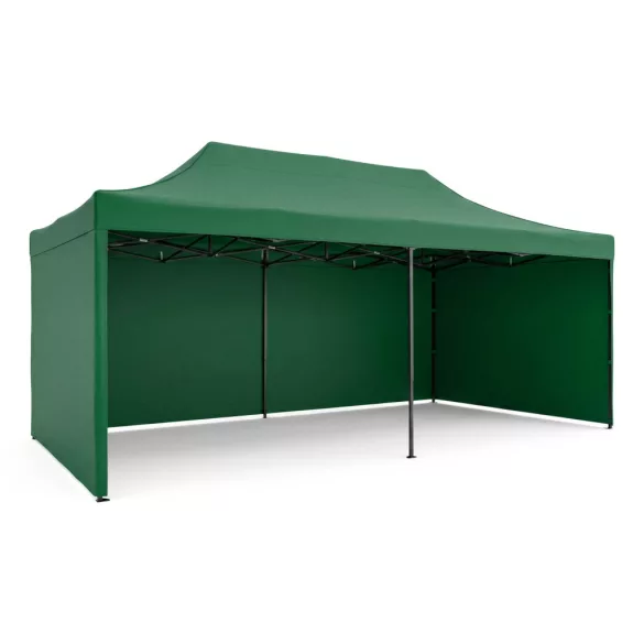 Kerti pavilon, Plonos, zöld, 3 x 6 m, 3 oldalfallal, hordtáskával, fém vázzal, UV-álló és esőálló PE ponyva, 3 m állítható magassággal