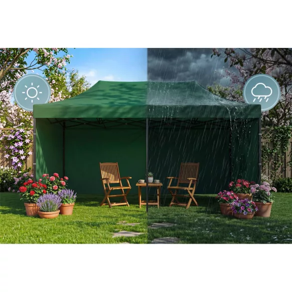Kerti pavilon, Plonos, zöld, 3 x 6 m, 3 oldalfallal, hordtáskával, fém vázzal, UV-álló és esőálló PE ponyva, 3 m állítható magassággal