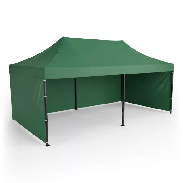 Kerti pavilon, Plonos, zöld, 3 x 6 m, 3 oldalfallal, hordtáskával, fém vázzal, UV-álló és esőálló PE ponyva, 3 m állítható magassággal