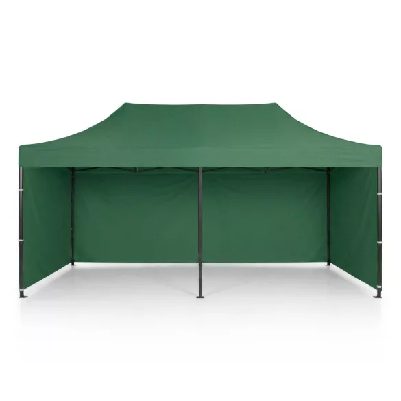 Kerti pavilon, Plonos, zöld, 3 x 6 m, 3 oldalfallal, hordtáskával, fém vázzal, UV-álló és esőálló PE ponyva, 3 m állítható magassággal