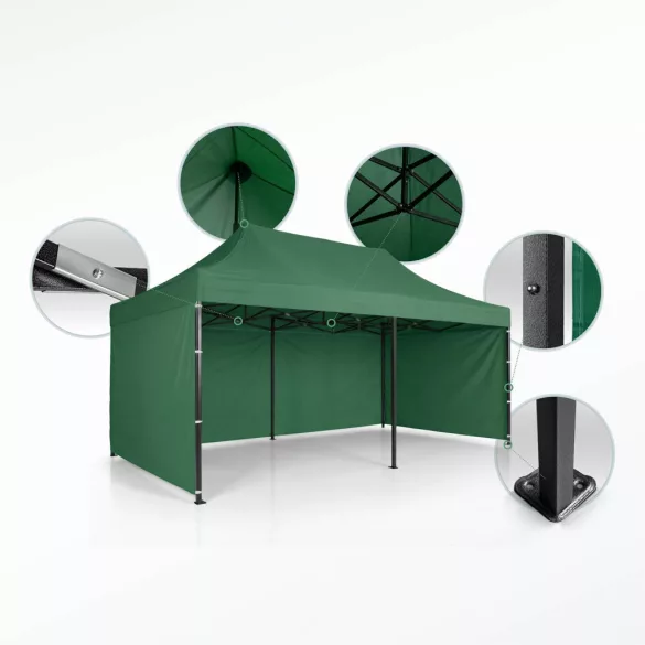 Kerti pavilon, Plonos, zöld, 3 x 6 m, 3 oldalfallal, hordtáskával, fém vázzal, UV-álló és esőálló PE ponyva, 3 m állítható magassággal