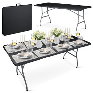 Kerti asztal, Plonos, fekete, 180 cm, acél keret, HDPE műanyag felület, összecsukható