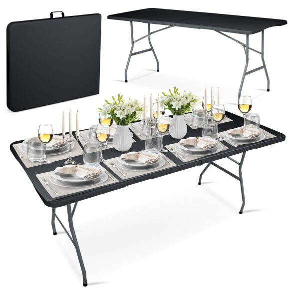 Kerti asztal, Plonos, fekete, 180 cm, acél keret, HDPE műanyag felület, összecsukható